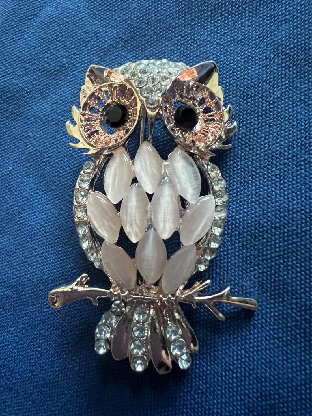 Rose Gold Owl Brooch with Rhinestones