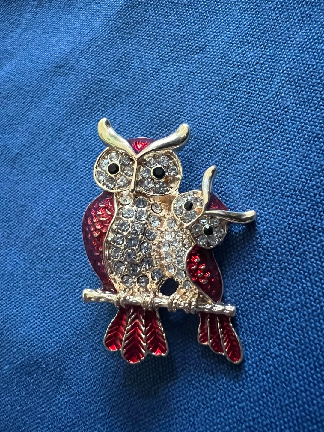 Gold Tone Owl Brooch with Red and Crystal Accents