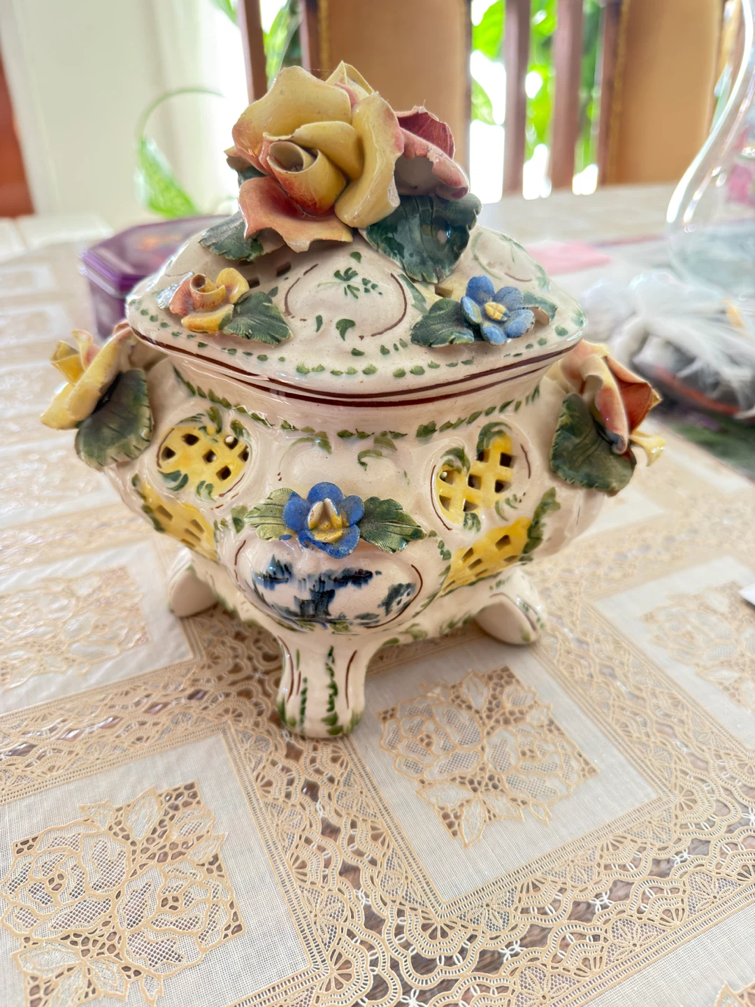 Vintage Ceramic Pot with Floral Lid