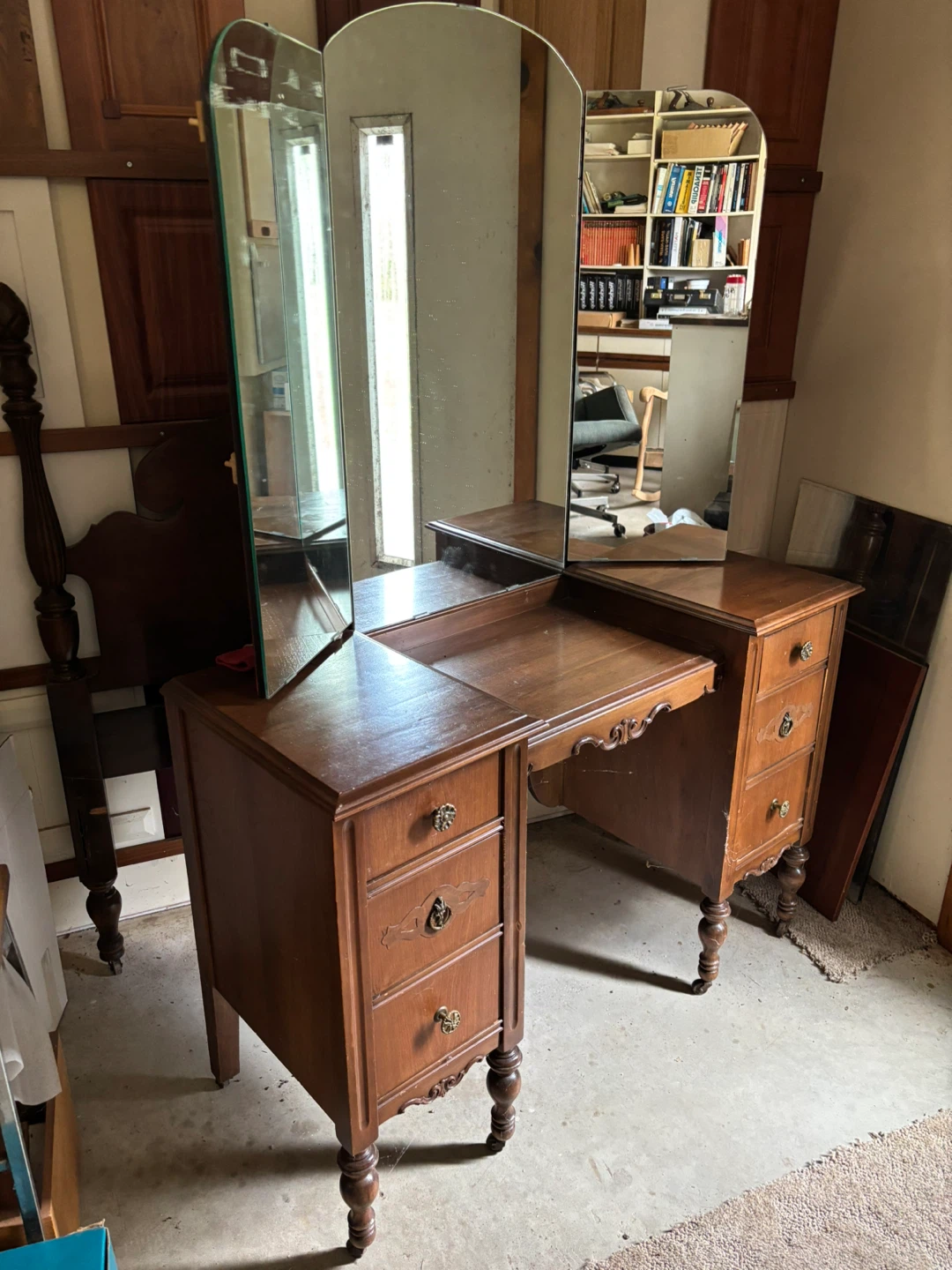 Vintage Vanity Set with Tri-Fold Mirror and Bed headboard.