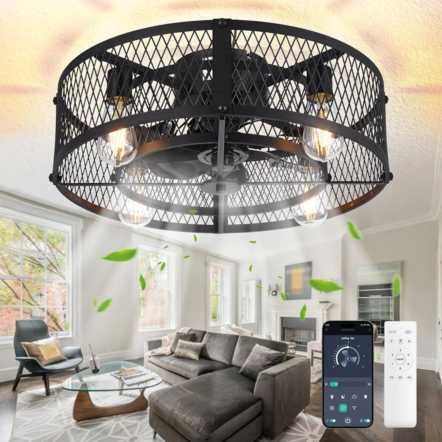 Depuley Black Flush Mount Ceiling Fan with Lights