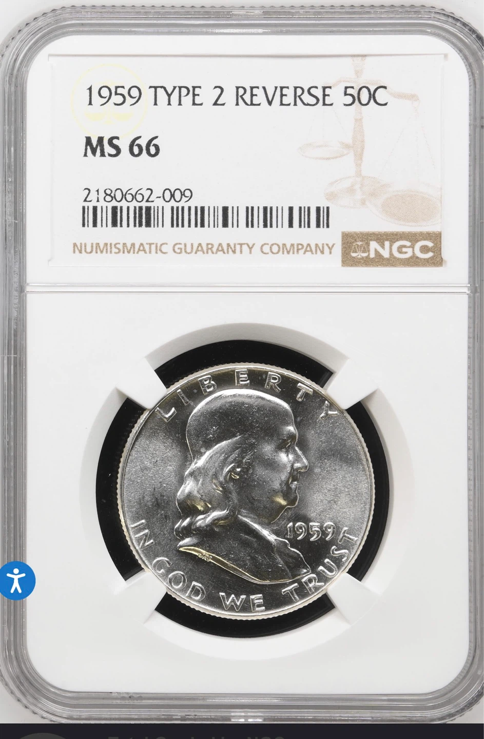 1959 Type 2 Reverse 50c MS 66 NGC Graded Coin