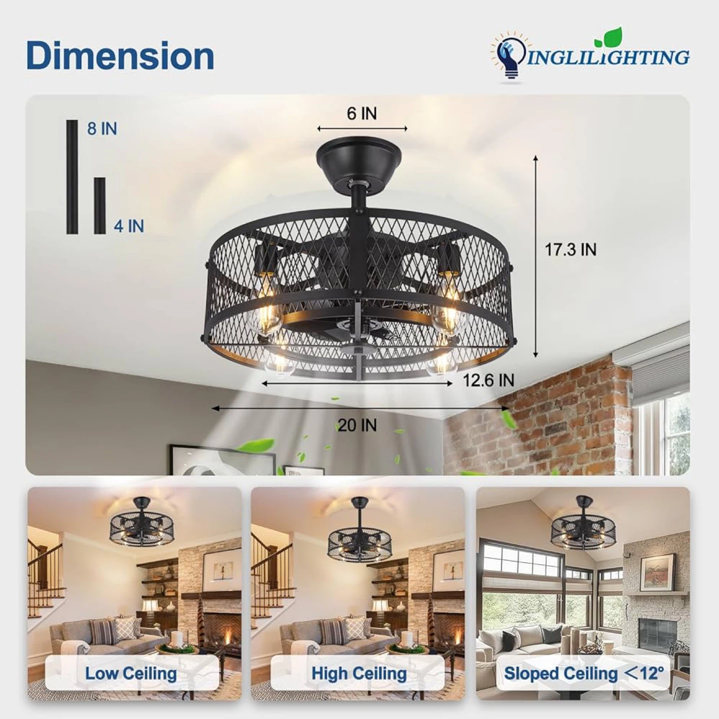 DLLT Cage Ceiling Fan with light, 20” Rustic Bladeless - photo 2