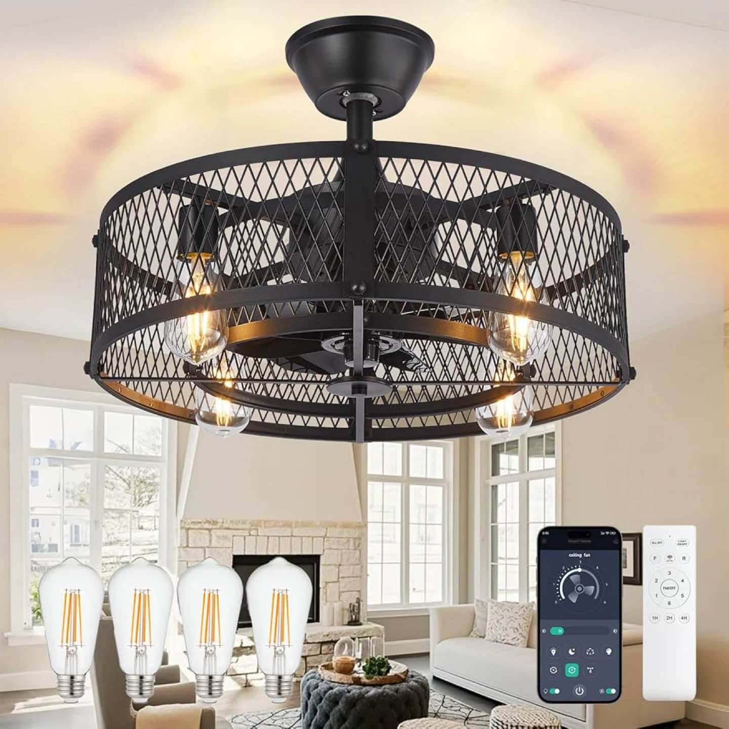 DLLT Cage Ceiling Fan with light, 20” Rustic Bladeless