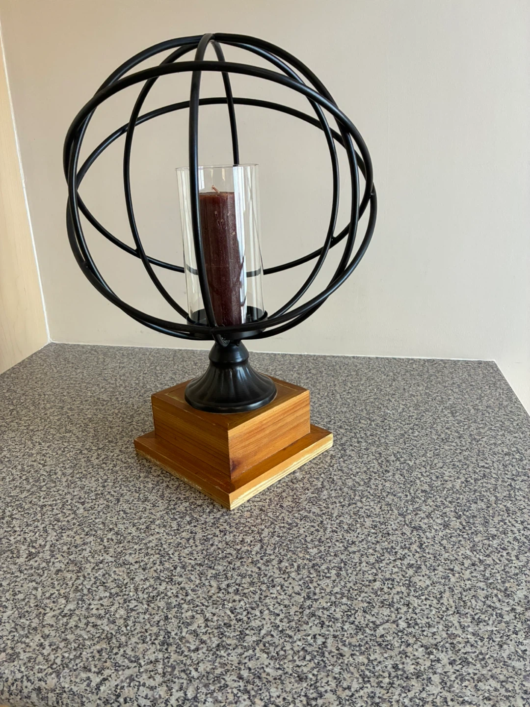 Black Metal Globe Candle Holder with Glass Cylinder and candle