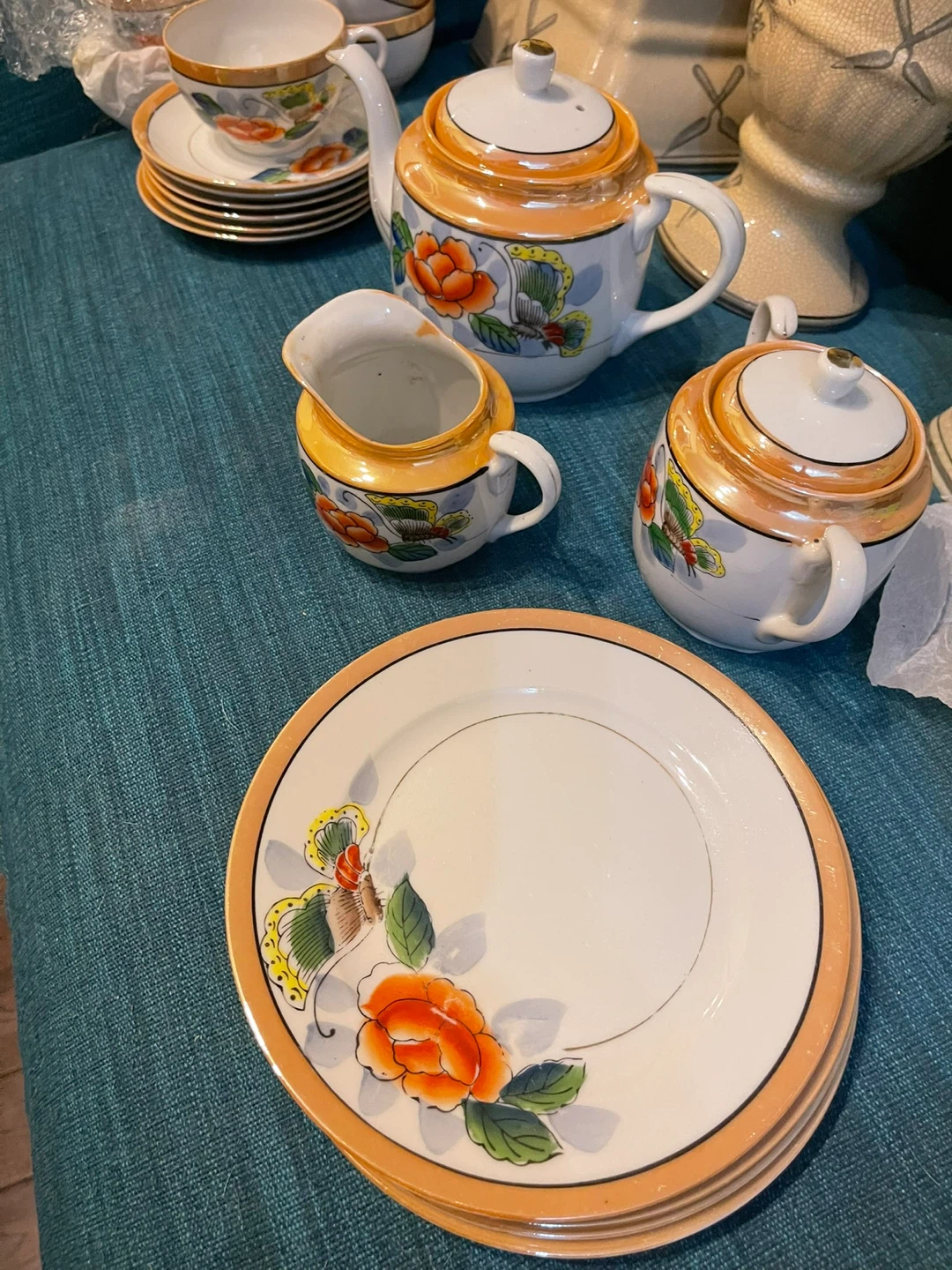 Vintage Tea Set with Floral Butterfly Design