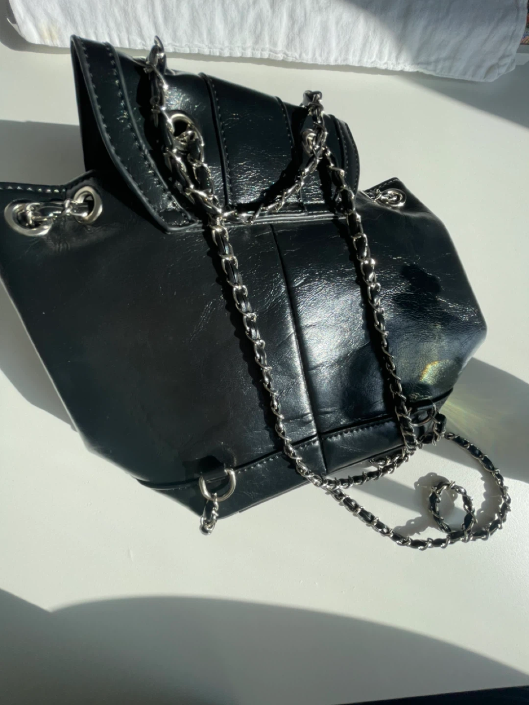 Black Faux Leather Mini Backpack with Chain Strap - photo 2