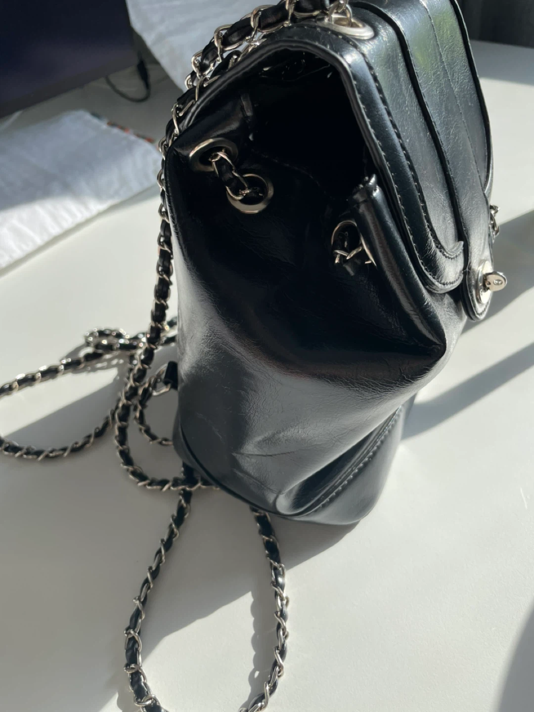 Black Faux Leather Mini Backpack with Chain Strap - photo 3