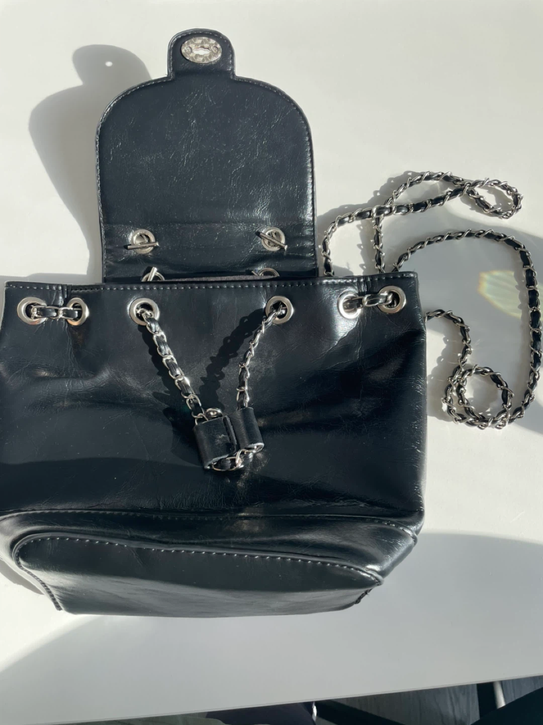 Black Faux Leather Mini Backpack with Chain Strap