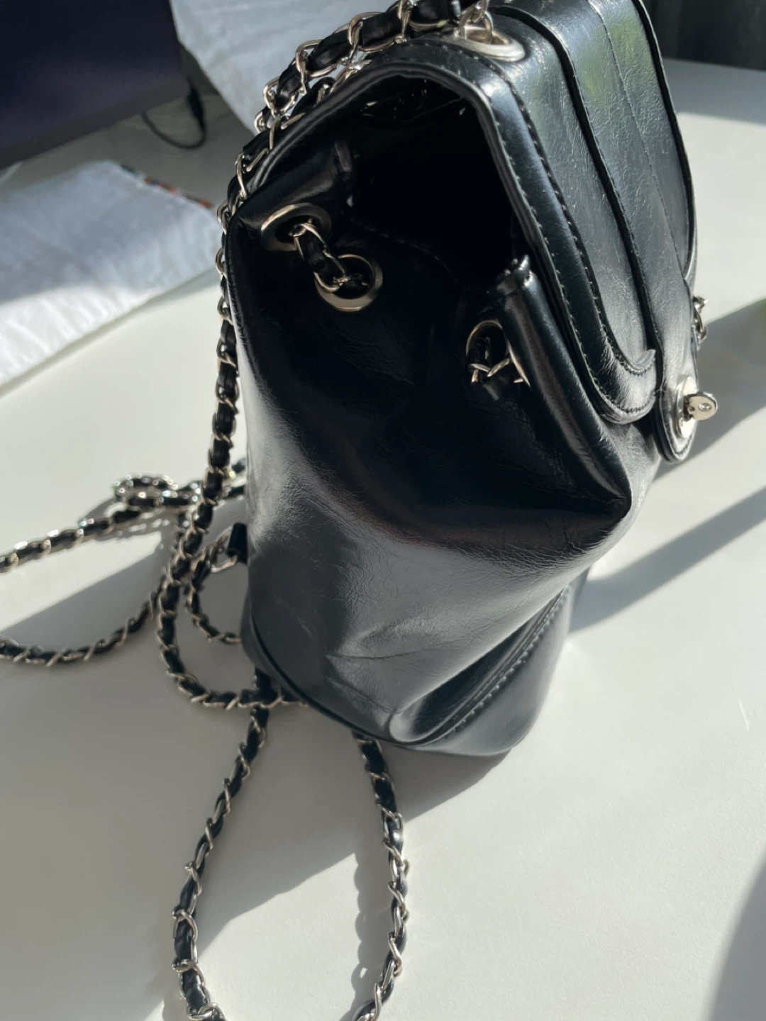 Black Faux Leather Mini Backpack with Chain Strap - photo 4