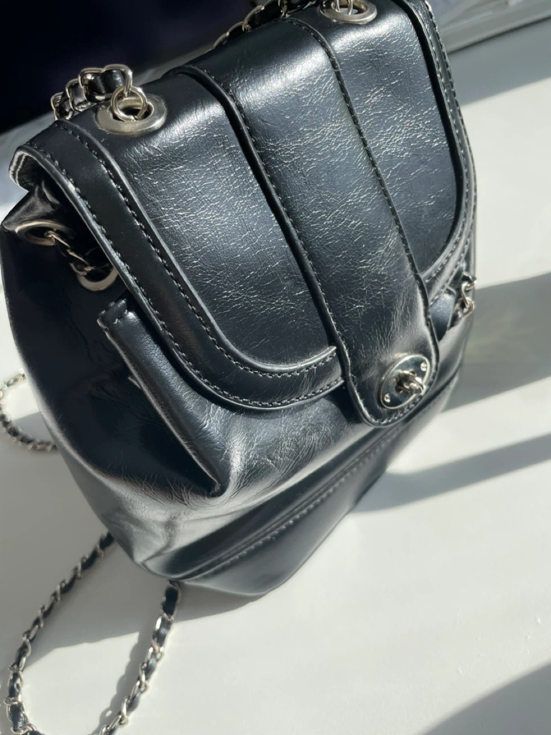 Black Faux Leather Mini Backpack with Chain Strap - photo 5