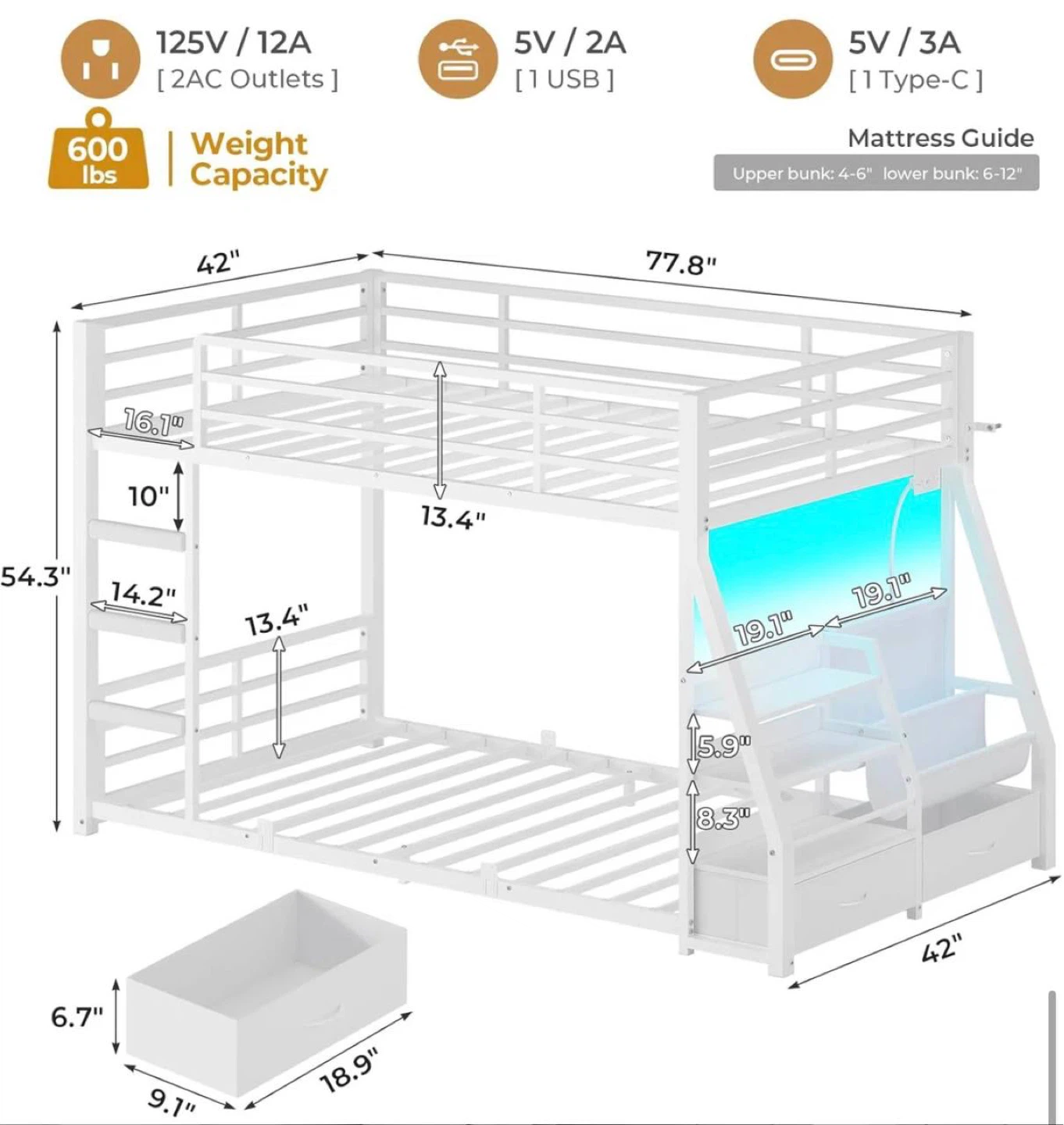Led Metal Floor Bunk Twin Over Twin With Full-length - photo 4