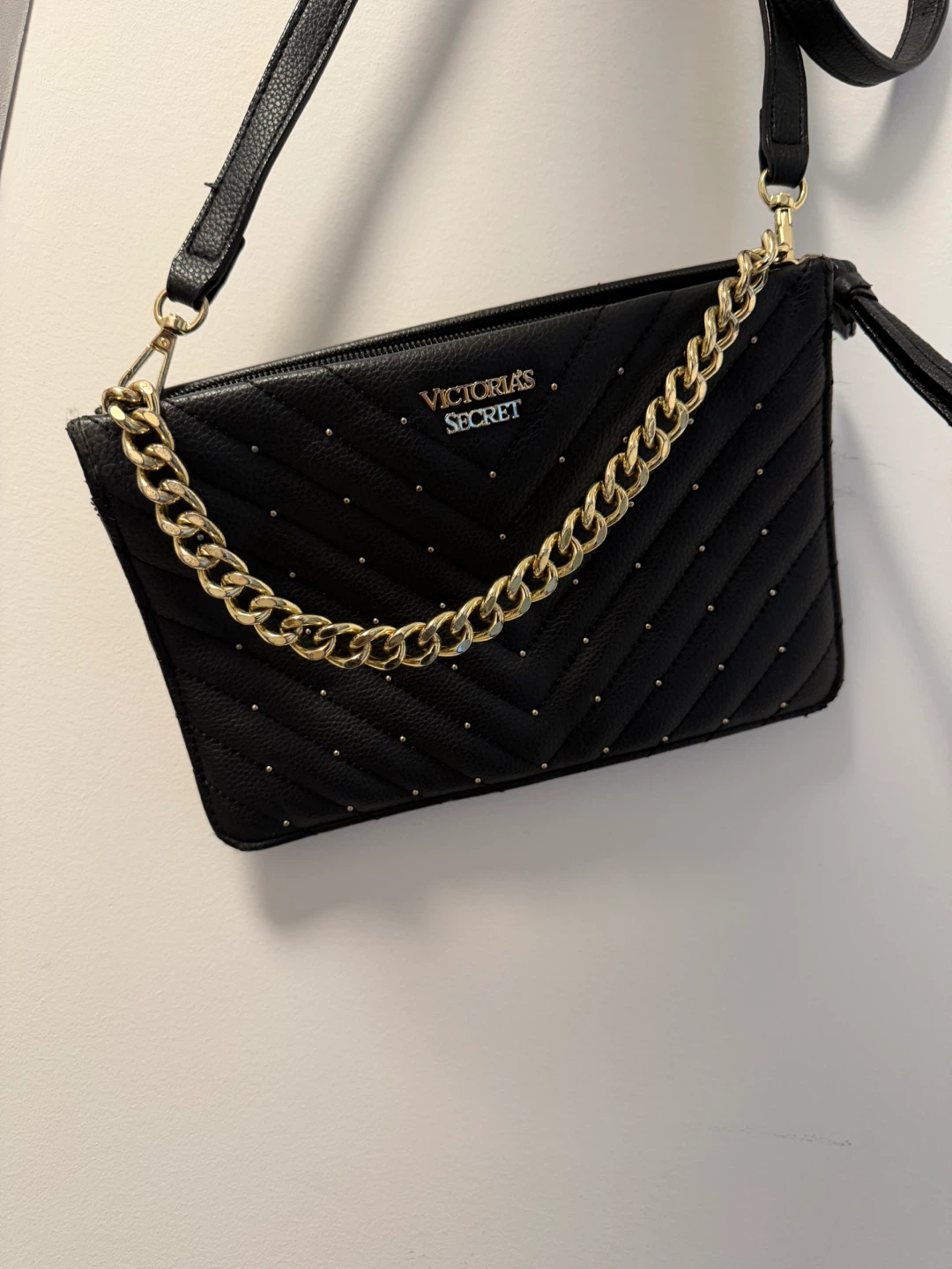 Victoria's Secret Black Leather Backpack with Gold Chain