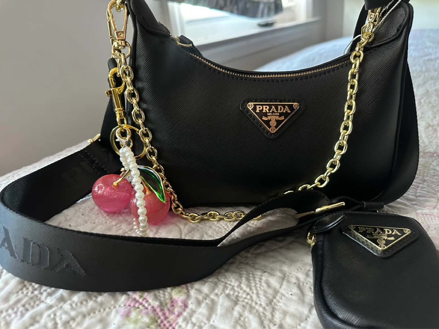Prada Black Nylon Shoulder Bag with Charm