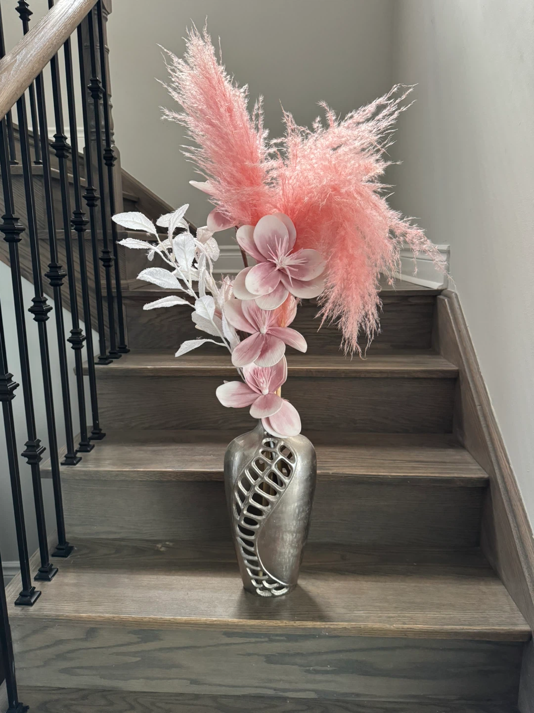 Silver Vase with Pink Floral and Pampas Grass Arrangement