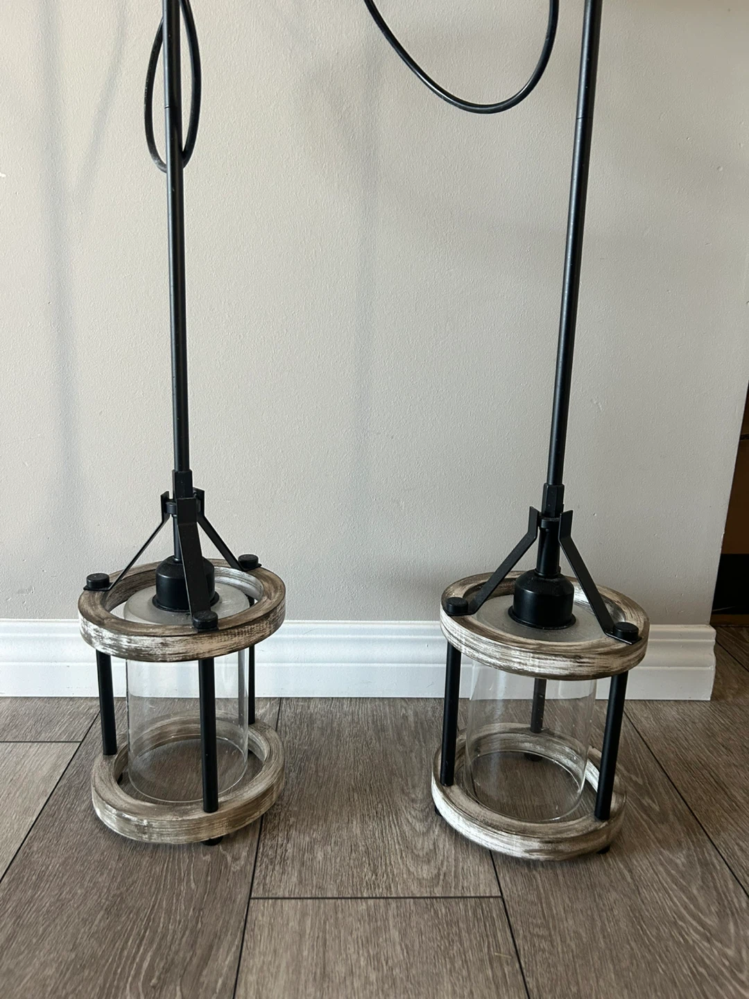 Pair of Black Pendant Lights with Wood and Glass - photo 2