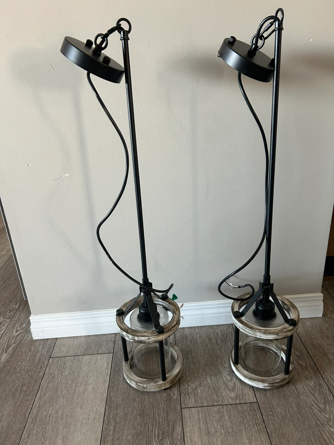 Pair of Black Pendant Lights with Wood and Glass - photo 3