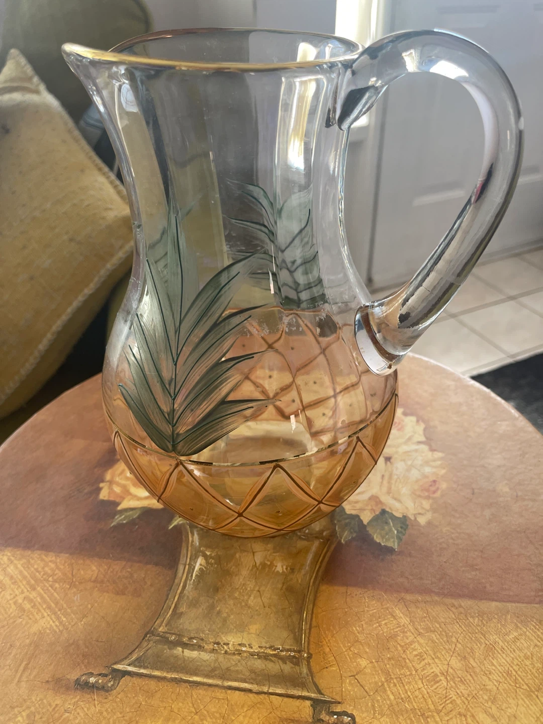 Glass Pitcher with Palm Leaves and Gold Rim