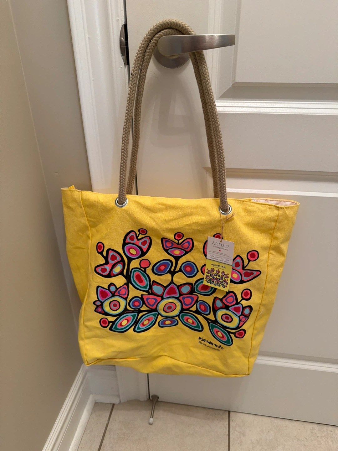 Yellow Canvas Tote Bag with Indigenous Art