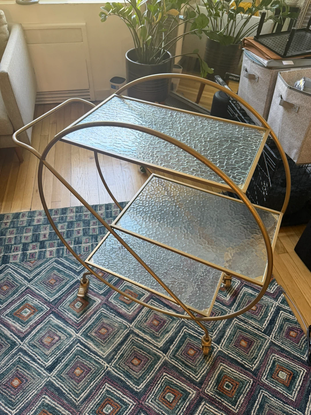 3-tier Rolling Gold/Brass Metal Cart with Glass Shelves - photo 3