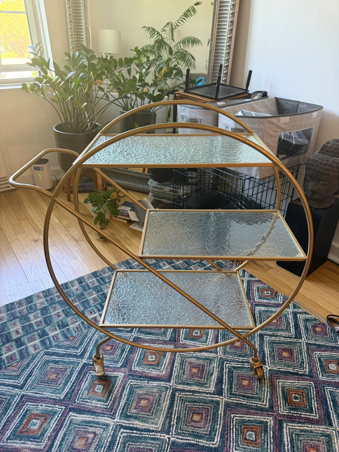 3-tier Rolling Gold/Brass Metal Cart with Glass Shelves - photo 2