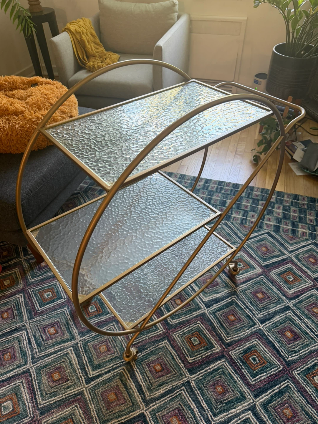 3-tier Rolling Gold/Brass Metal Cart with Glass Shelves - photo 4