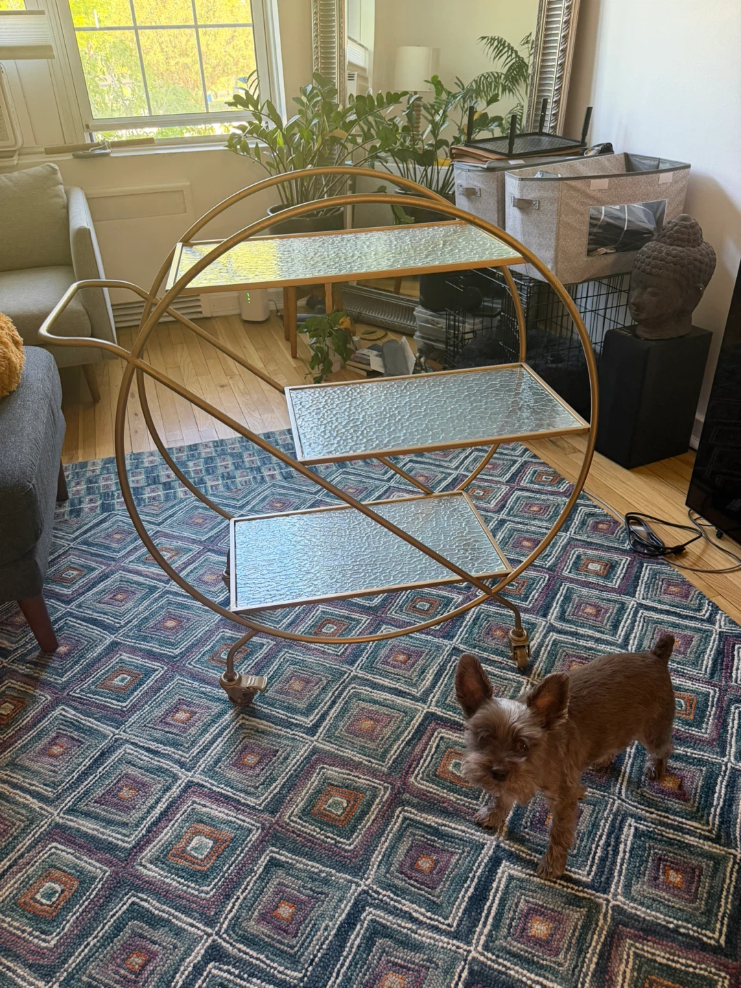 3-tier Rolling Gold/Brass Metal Cart with Glass Shelves