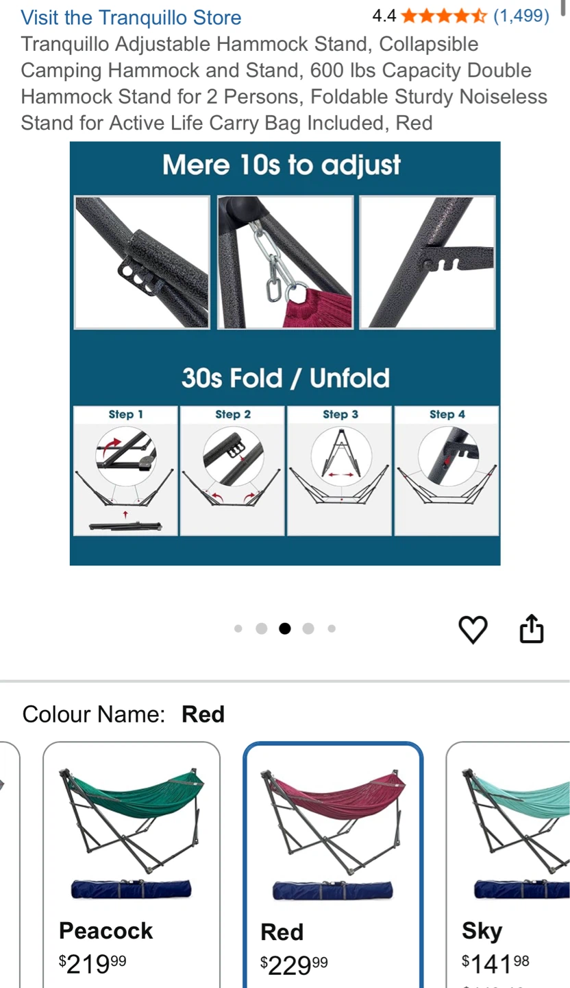 Tranquillo Adjustable Hammock Stand with Red Double Hammock - photo 3