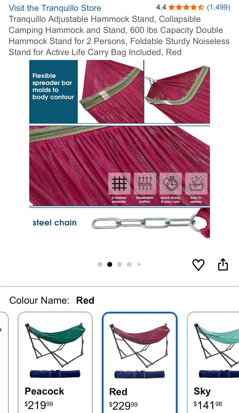 Tranquillo Adjustable Hammock Stand with Red Double Hammock - photo 2