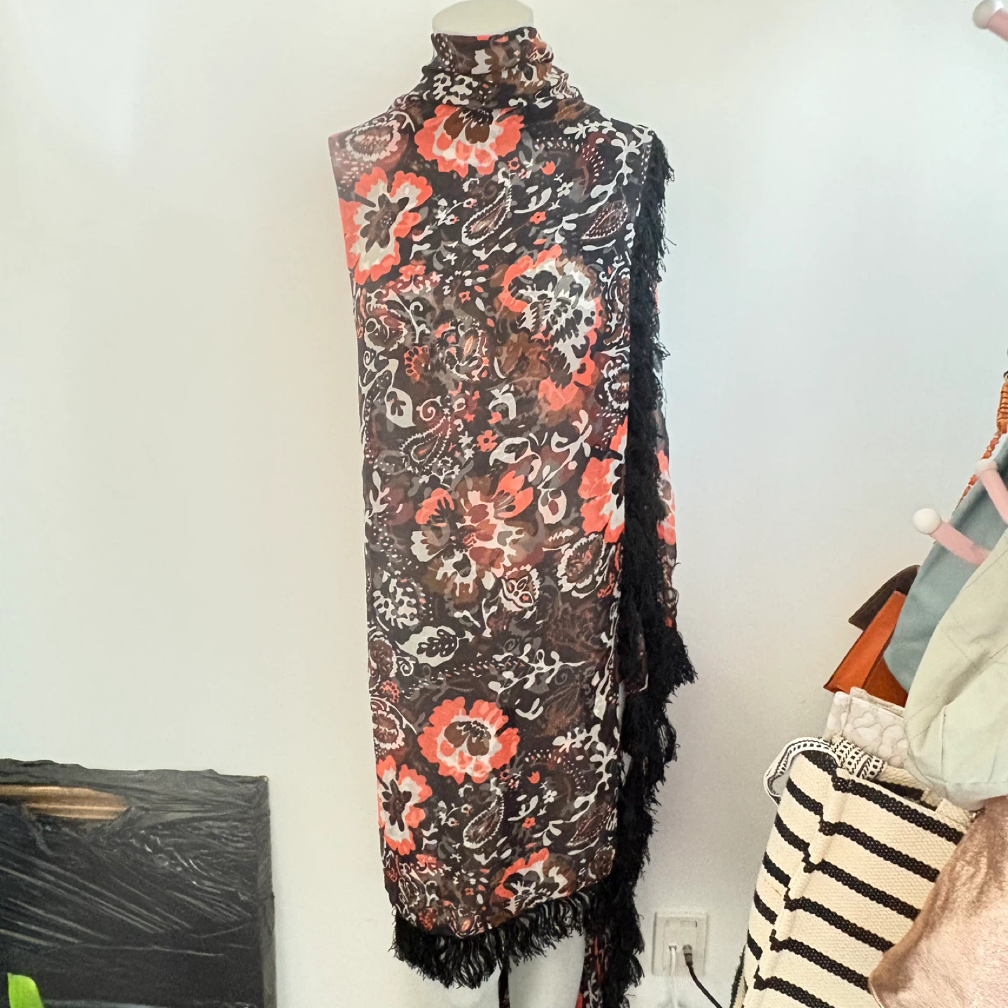 Large vintage silk Floral Print Sheer Scarf with Fringe - photo 4