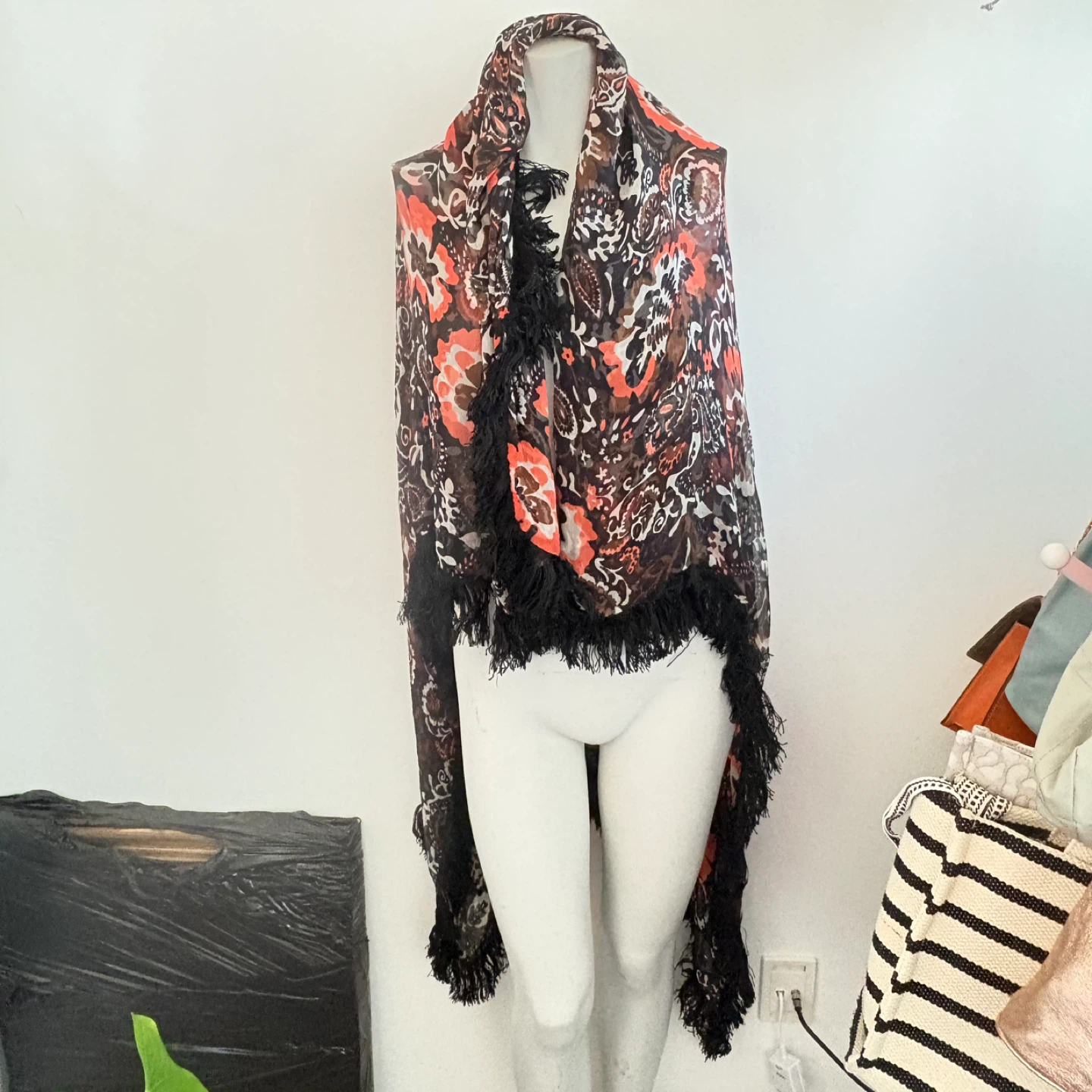Large vintage silk Floral Print Sheer Scarf with Fringe - photo 3
