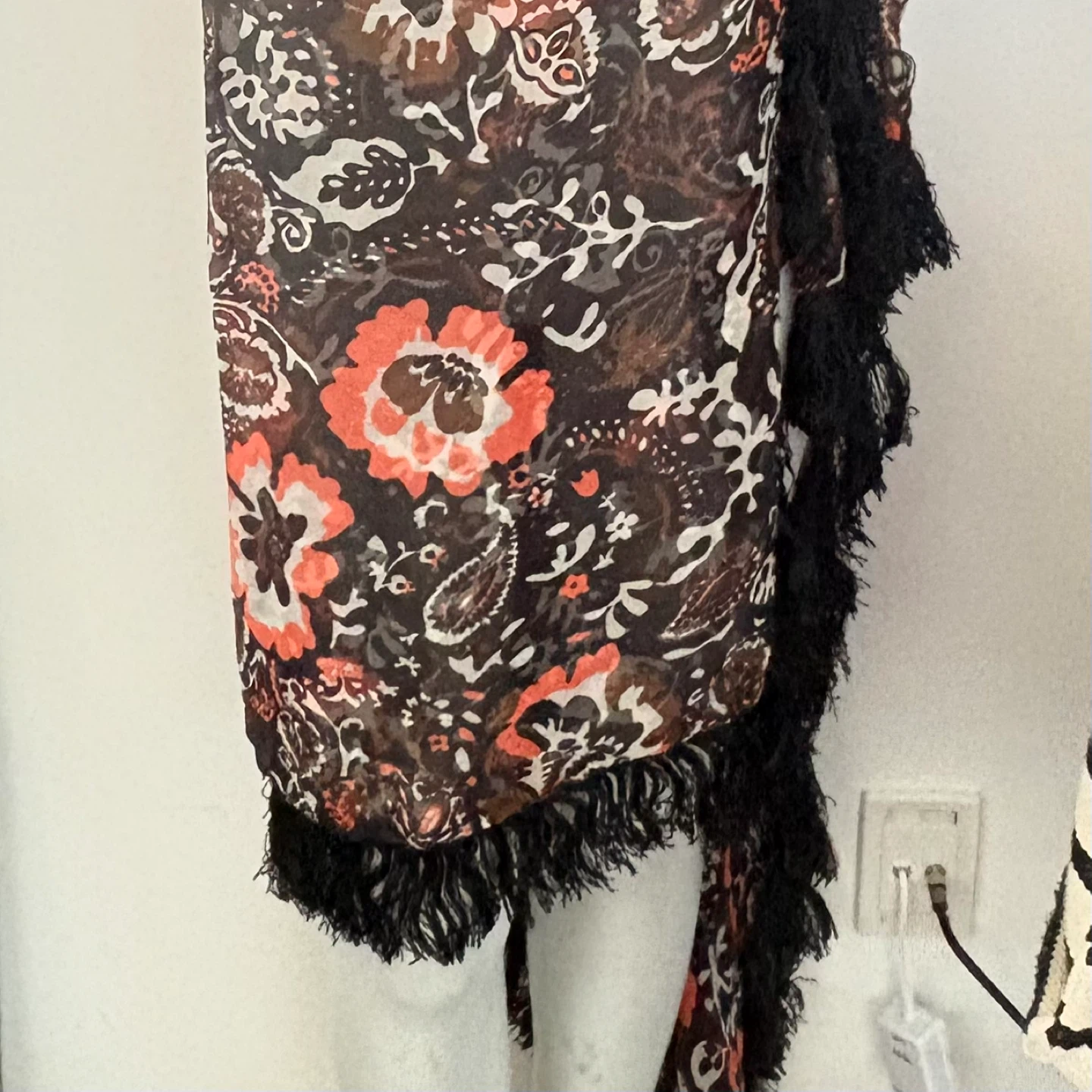 Large vintage silk Floral Print Sheer Scarf with Fringe - photo 5