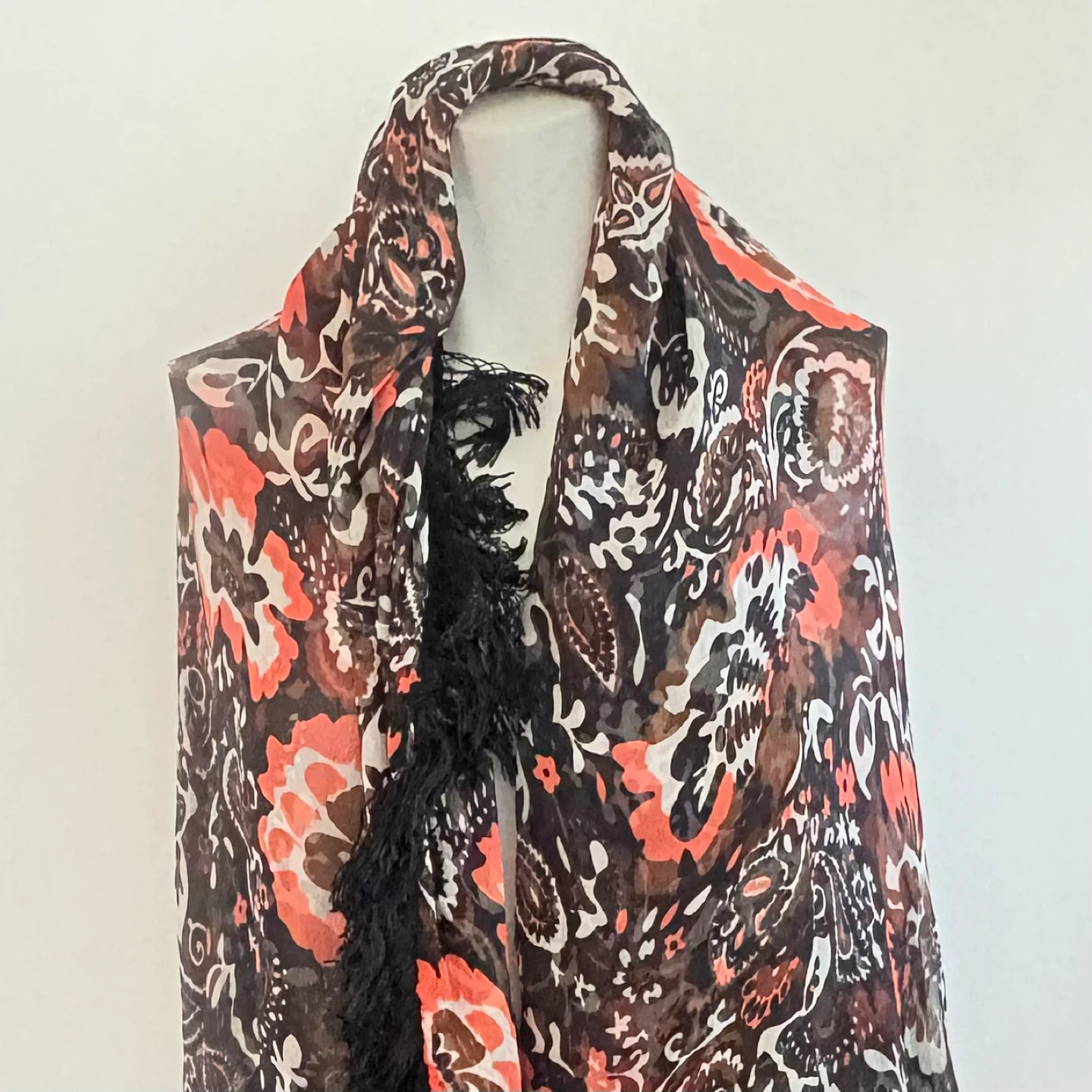 Large vintage silk Floral Print Sheer Scarf with Fringe