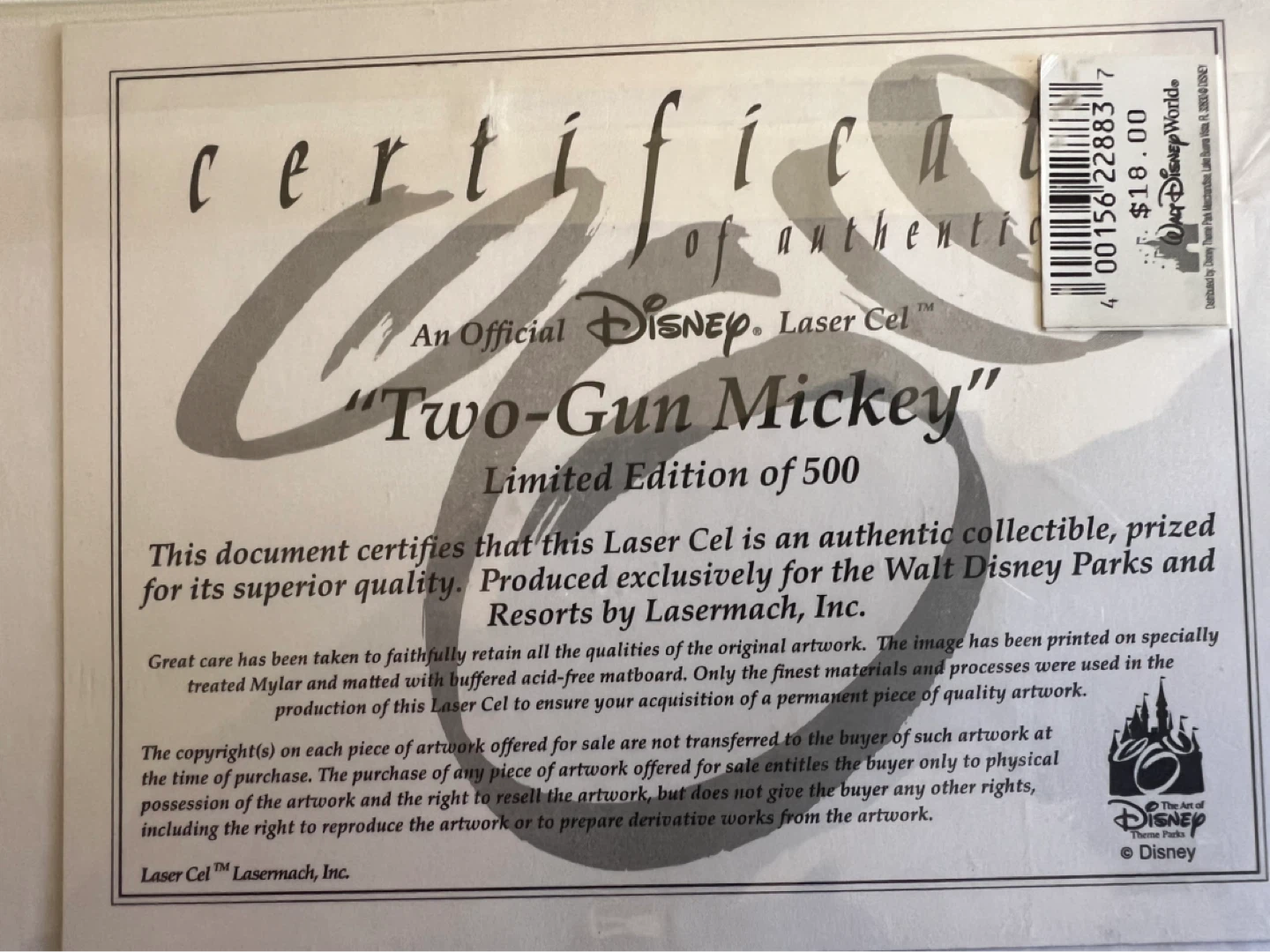 DISNEY “TWO GUN MICKEY” LASER CEL LIMITED EDITION OF 500 ARTWORK - photo 4