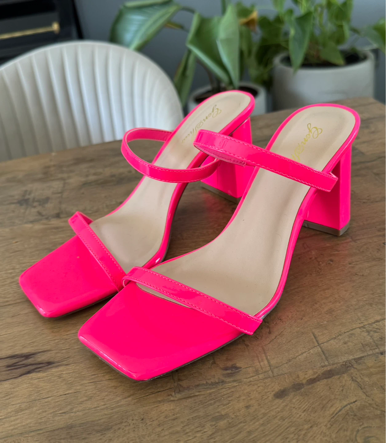 Women's Neon Pink Square Toe Block Heel Sandals