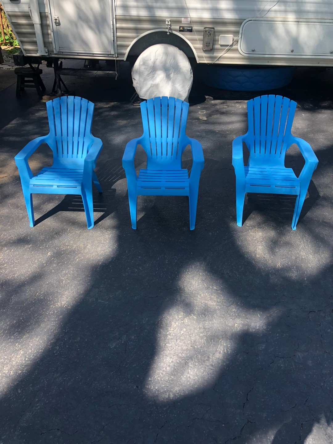 Set of 3 Blue Plastic Adirondack Chairs