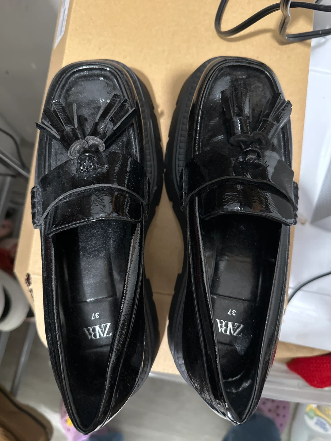 ZARA Black Patent Leather Tassel Loafers - Size 37