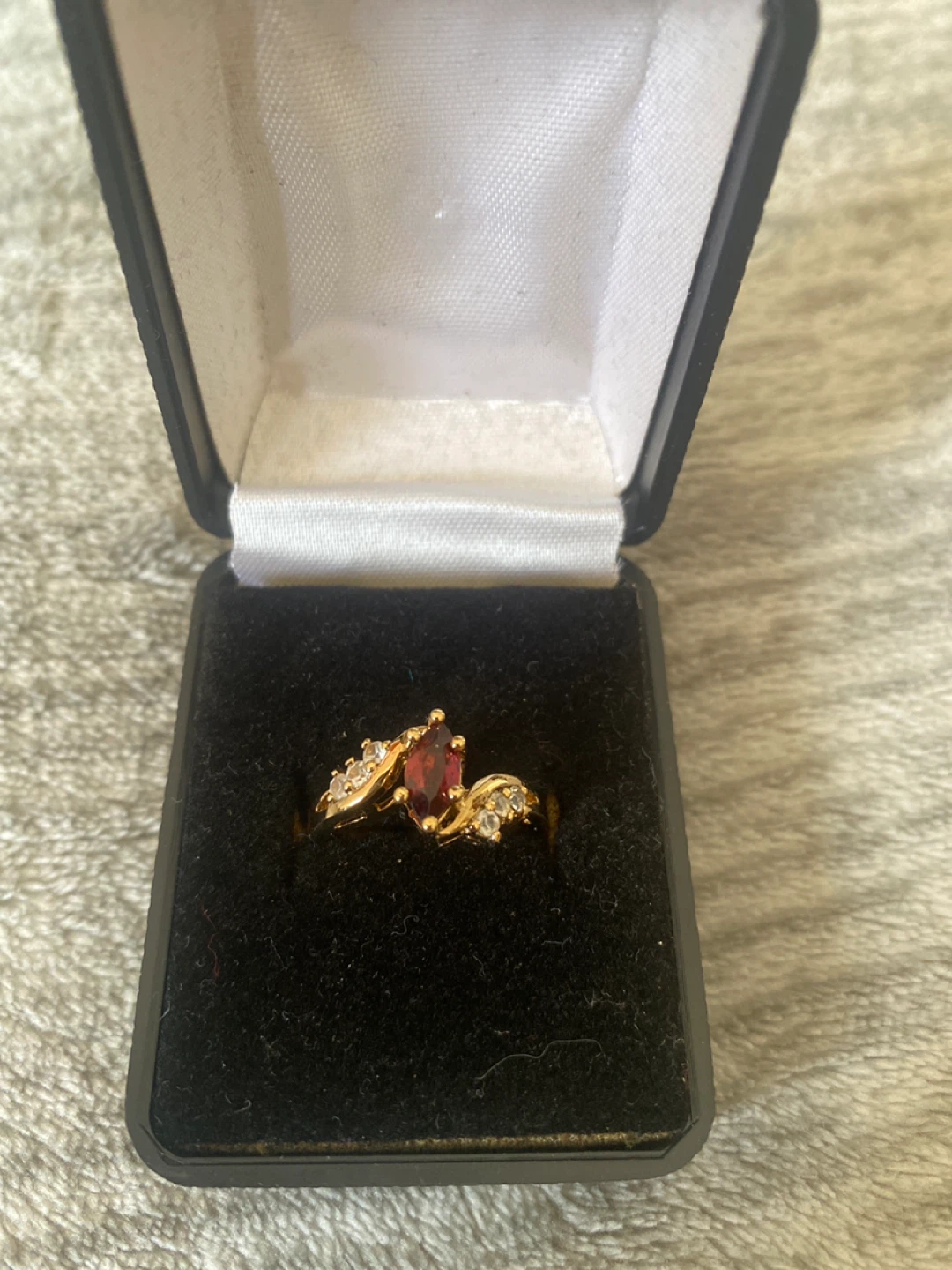 Gold-Tone Ring with Red Gem and Rhinstone Accents