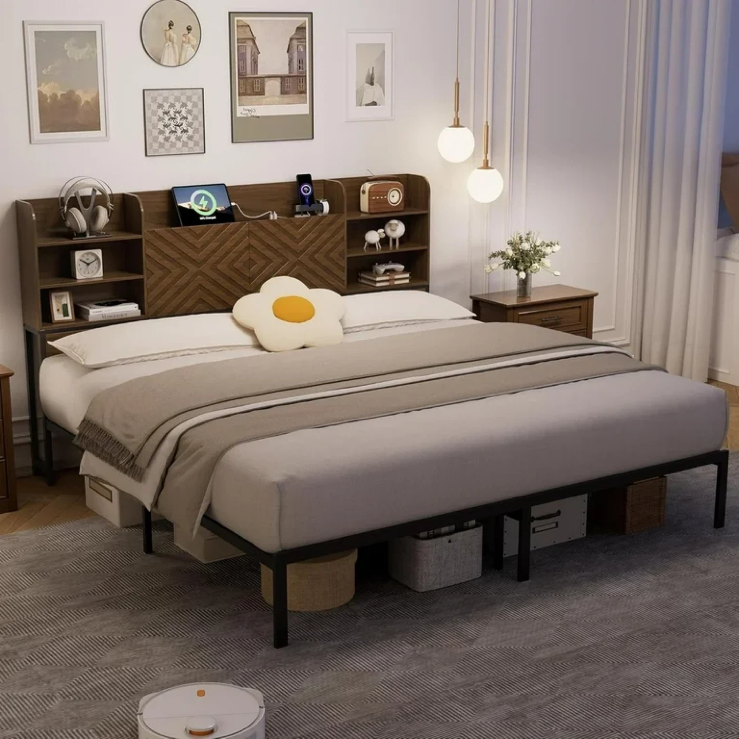 Farmhouse King Size Bed Frame with Move Storage Headboard
