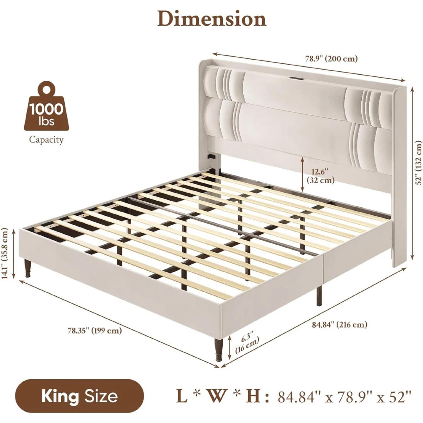 Velvet King Headboard Bed Frame with USB Charging Ports - photo 2