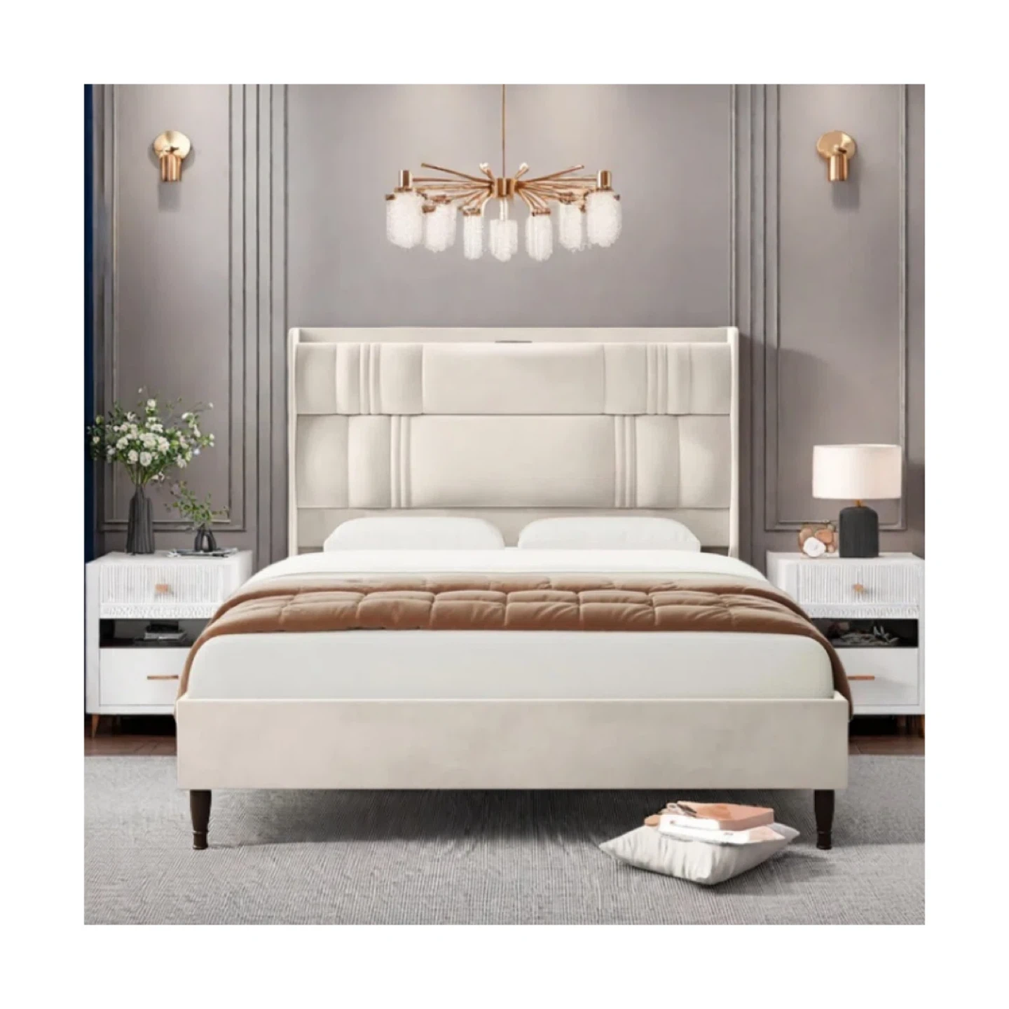 Velvet King Headboard Bed Frame with USB Charging Ports