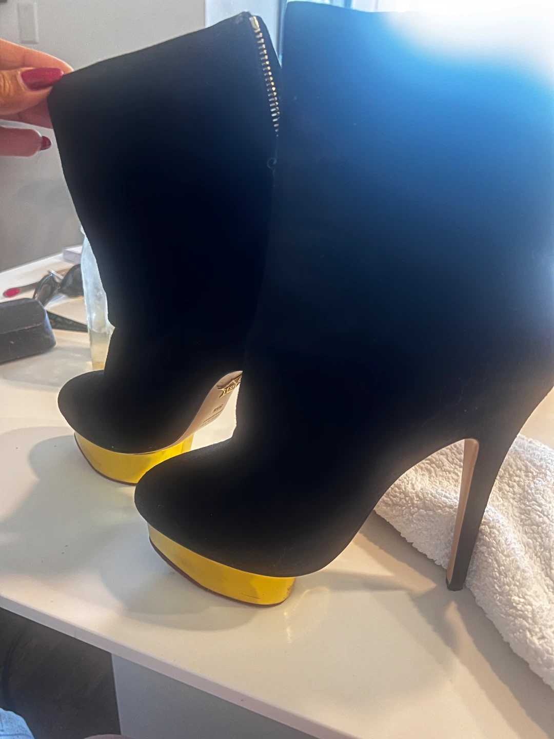 Black Suede High Heel  Boots with Gold Platform - photo 2