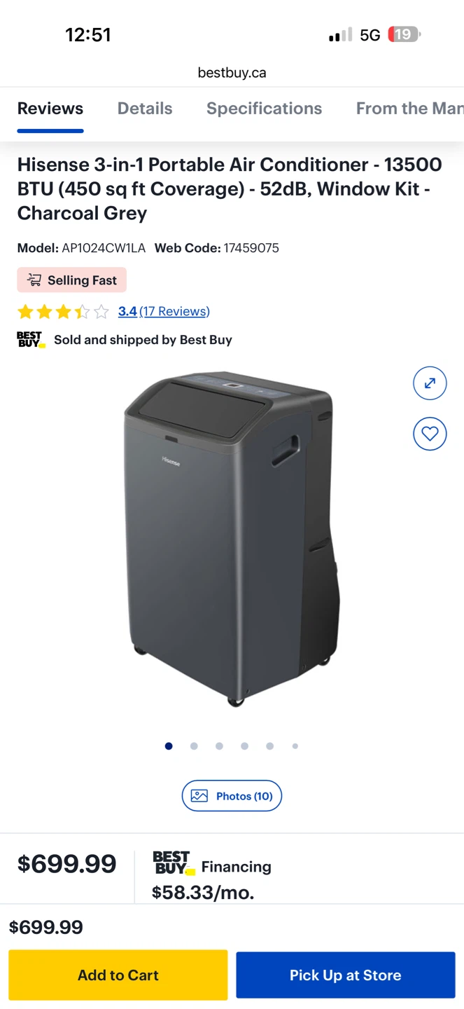 Hisense 3-in-1 Portable Air Conditioner 13500 BTU