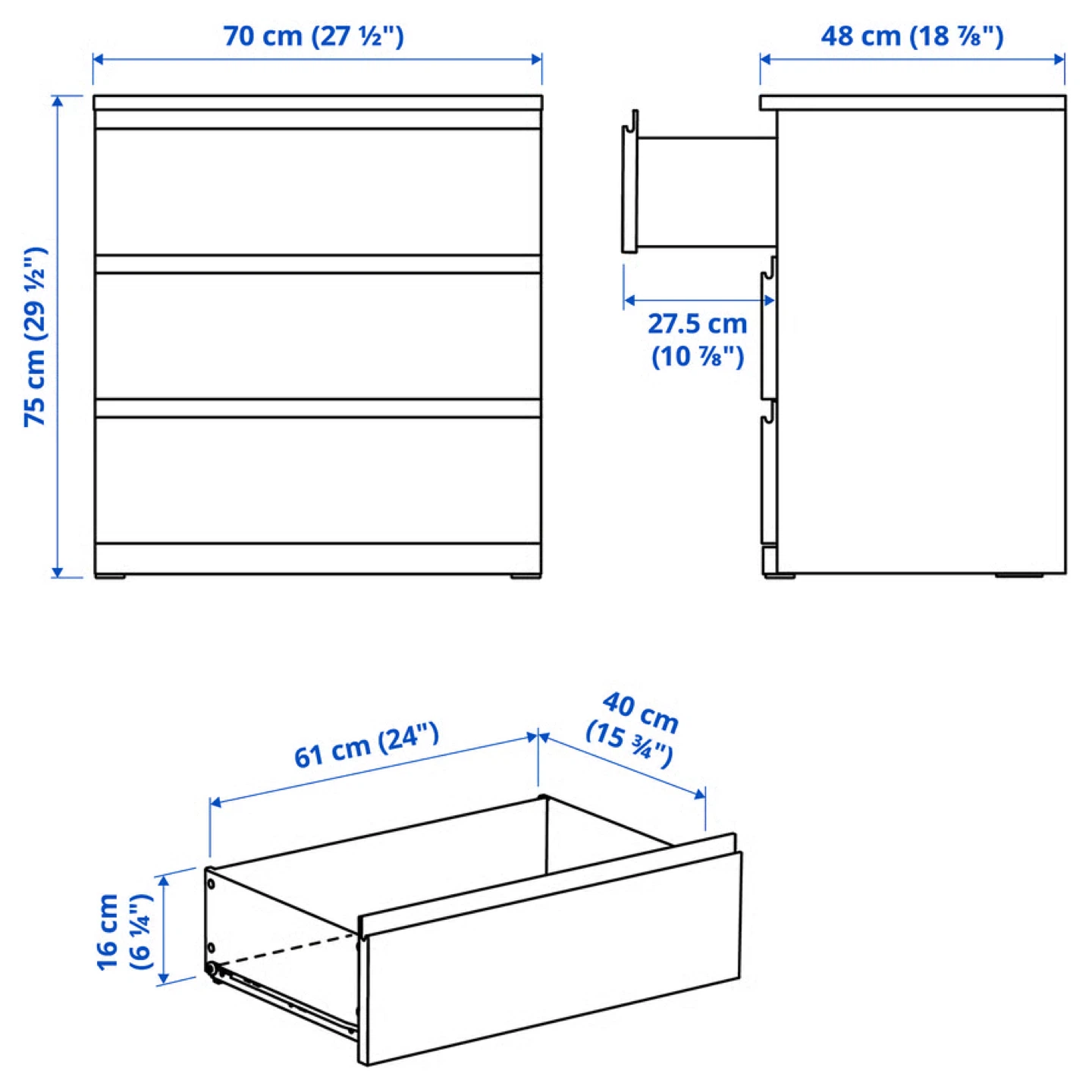 IKEA White 3-Drawer Dresser - 70cm Wide - photo 3