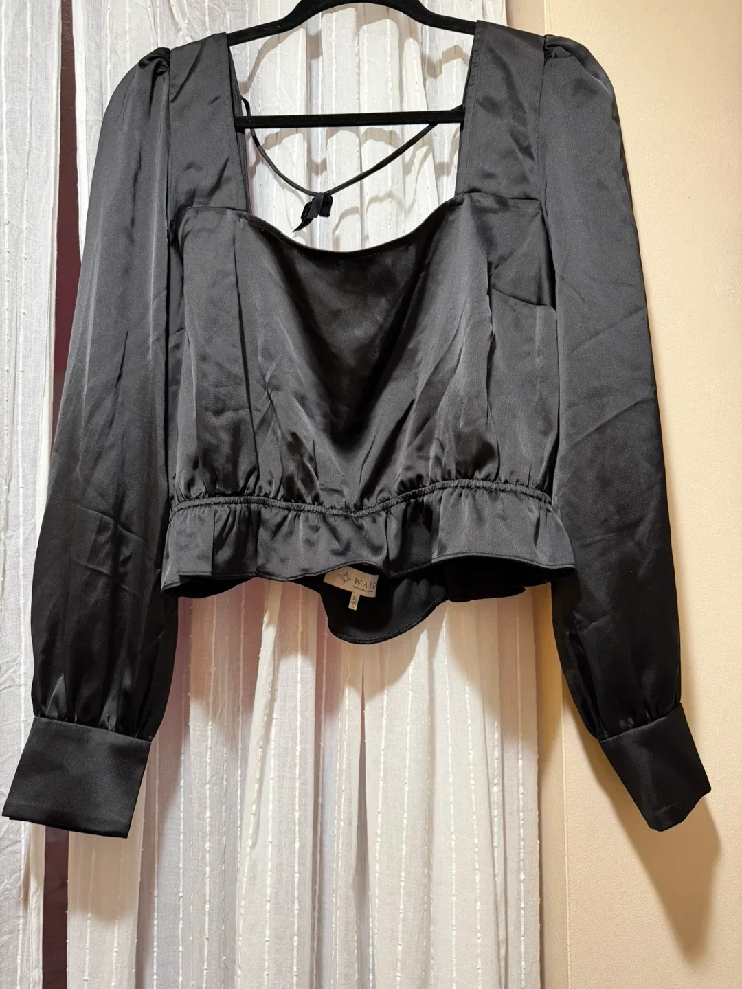 WAYF Black Satin Square Neck Top