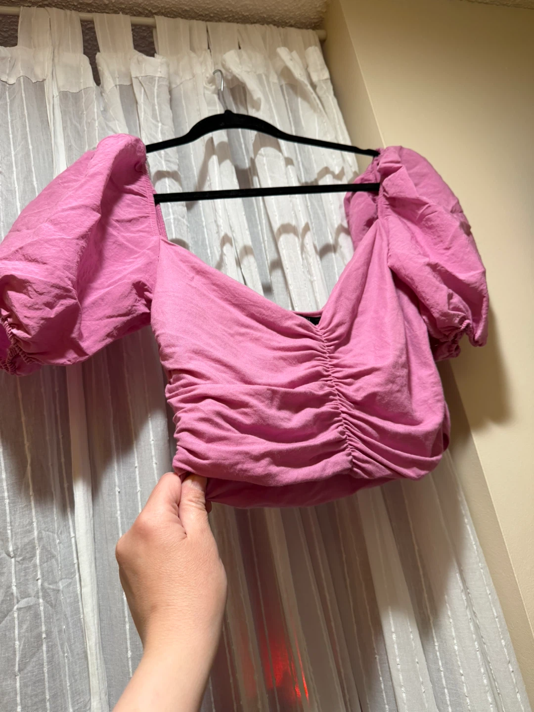 Pink Puff Sleeve Ruched Crop Top - photo 2
