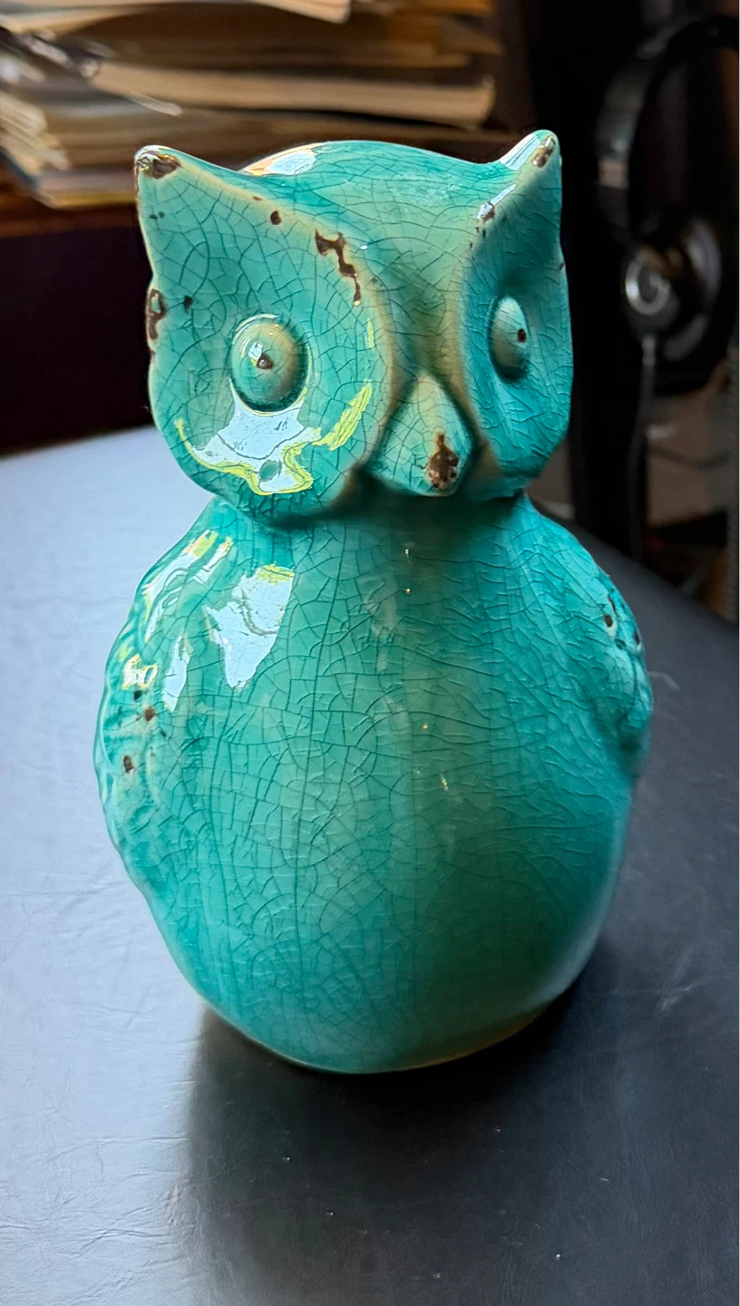 Teal Crackle Glaze Owl Figurine