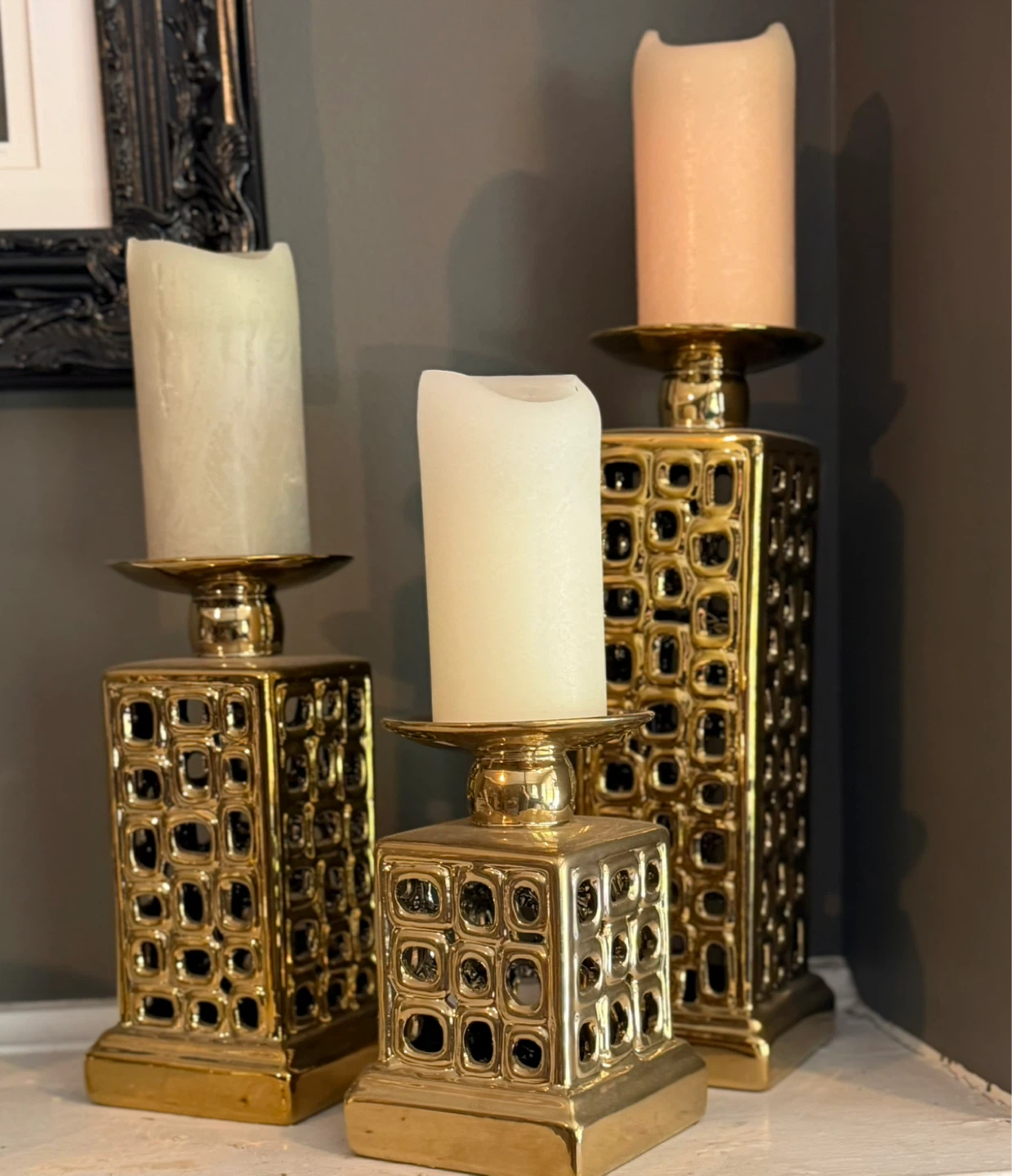 Set of 3 Gold Decorative Candlesticks