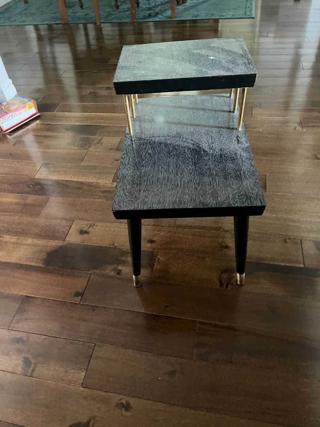 Small Black Two-Tier End Table with Gold Accents