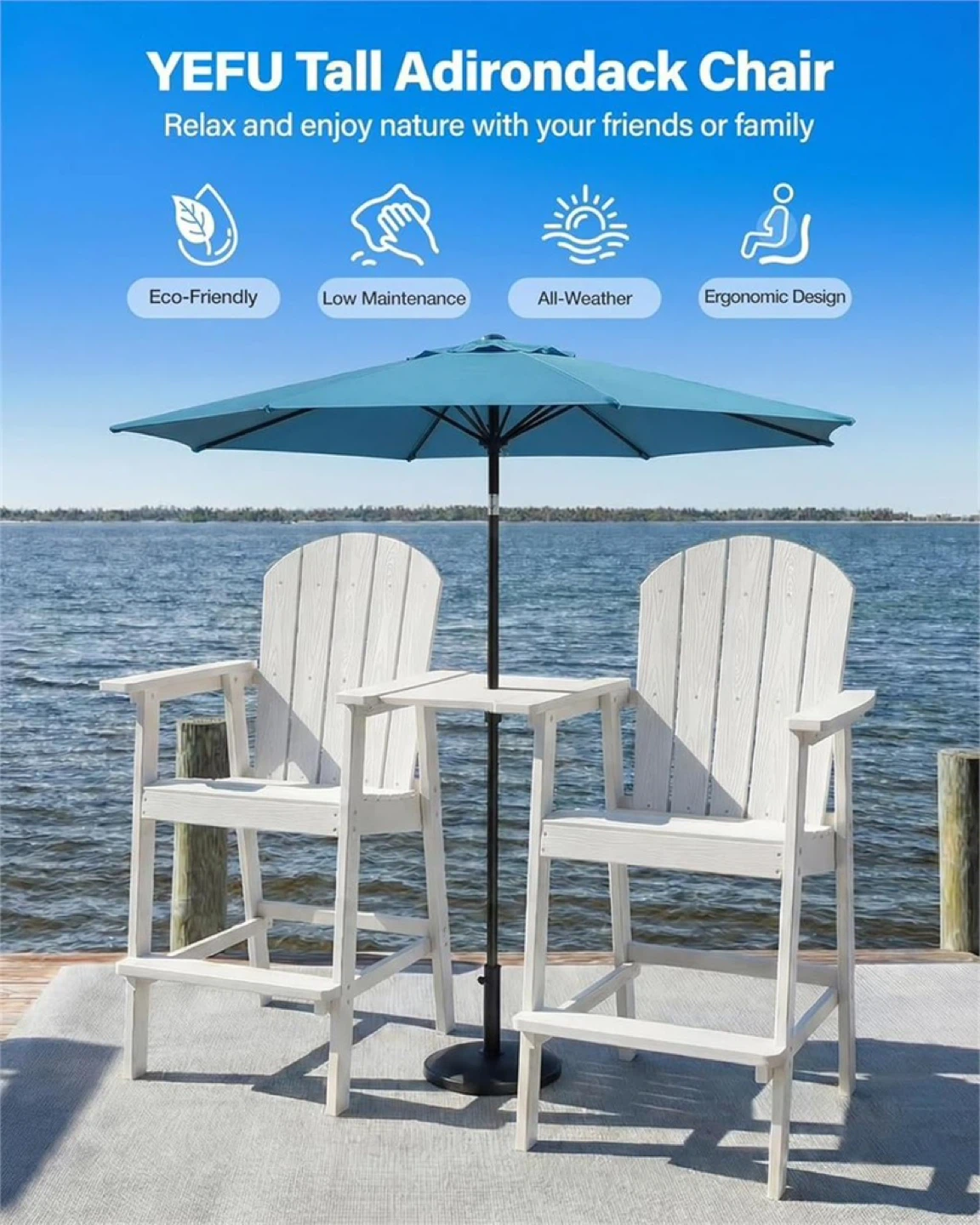 YEFU white  Tall Adirondack Chair Set of 2, Balcony Chair - photo 2